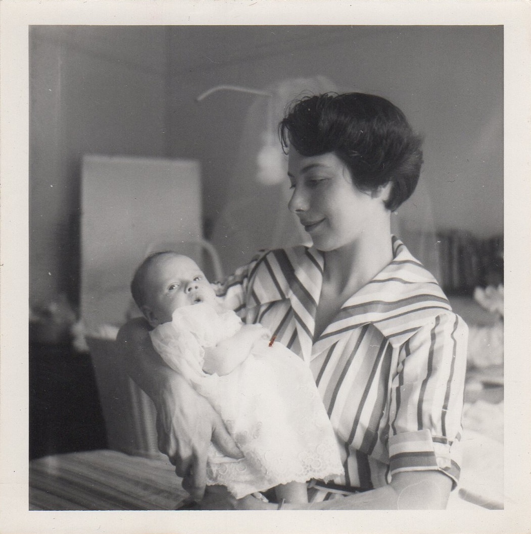 Carolyn, 8 weeks old in Shell's arms, 1960